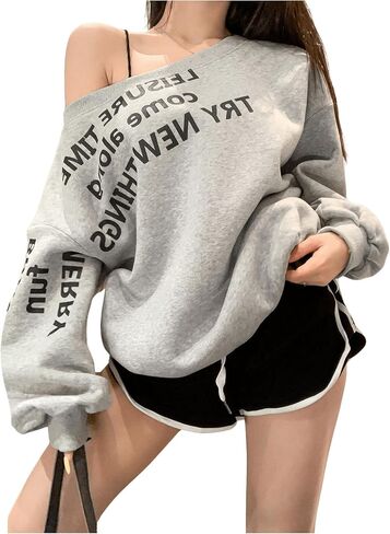 سويت شيرت نسائي كبير الحجم بدون أكتاف وأكمام طويلة وبلوفرات كاجوال ملابس الخريف Y2K in Saudi Arabia