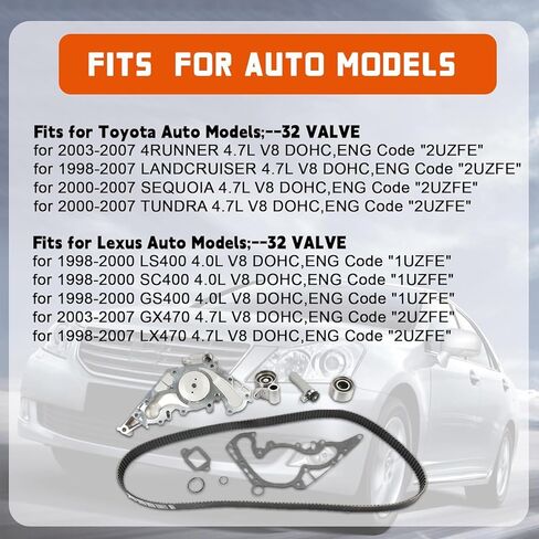 مجموعة حزام التوقيت مع مضخة مياه تناسب 1998-2007 LandCruiser Sequoia Tundra 4Runner 4.7L V8 رمز Eng: 2UZFE، لـ 1998-2000 Lexus-LS400 SC400 GS400 GX470 LX470 4.7L V8 رمز Eng: 1UZFE in Kuwait
