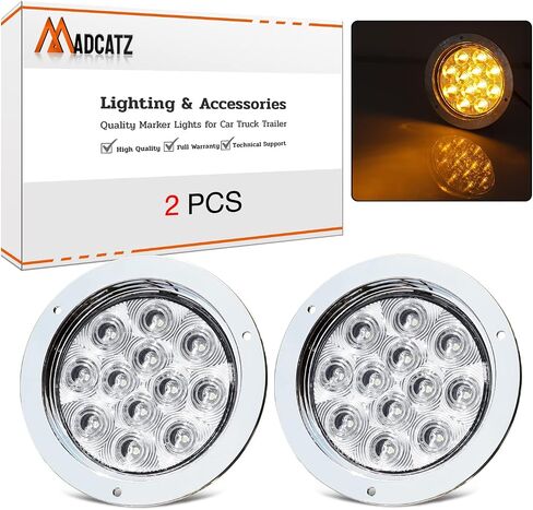 MADCATZ (Pack of 2) 4 Inch Round Clear Lens Amber LED Trailer Tail Lights with Chrome Bezel 12 Diodes Bus Truck Lorry Pickup Surface Mount 12V DC Shockproof GAC12 in Kuwait