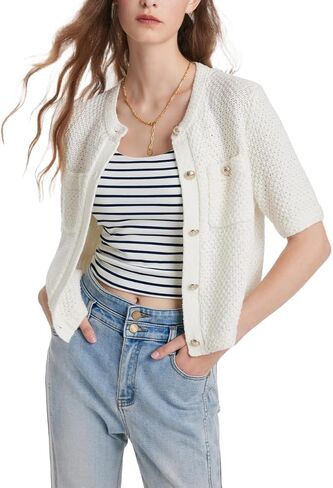 سترة نسائية صيفية مقصوصة بلوزة محبوكة بأكمام قصيرة وفتحة رقبة مستديرة وزر مفتوح من الأمام تي شيرت 2024 عصري in Kuwait