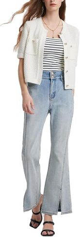 سترة نسائية صيفية مقصوصة بلوزة محبوكة بأكمام قصيرة وفتحة رقبة مستديرة وزر مفتوح من الأمام تي شيرت 2024 عصري in Kuwait