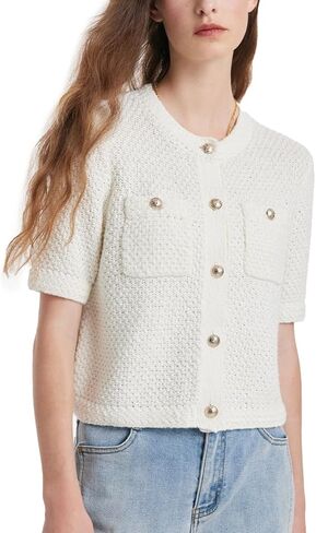 سترة نسائية صيفية مقصوصة بلوزة محبوكة بأكمام قصيرة وفتحة رقبة مستديرة وزر مفتوح من الأمام تي شيرت 2024 عصري in Kuwait