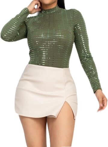 Women's Sheer Mesh Studded long sleeves mock neckline Metallic Bodysuit in Saudi Arabia