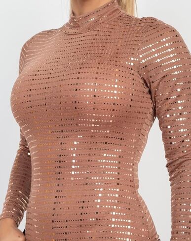 Women's Sheer Mesh Studded long sleeves mock neckline Metallic Bodysuit in Saudi Arabia