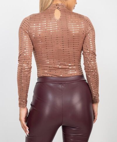 Women's Sheer Mesh Studded long sleeves mock neckline Metallic Bodysuit in Saudi Arabia