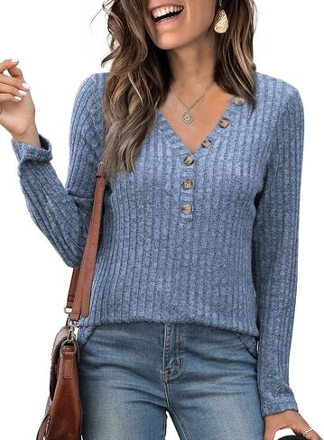 سترة نسائية من Viracy وسترات خفيفة الوزن وقمصان بأكمام طويلة ورقبة على شكل حرف V وأزرار سفلية وبلوزات كاجوال للعمل in Kuwait