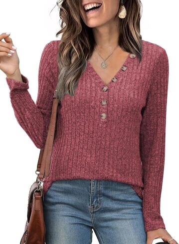 Viracy Womens Tunic Tops Lightweight Sweaters Long Sleeve Shirts V Neck Button Down Blouses Casual Business in Saudi Arabia