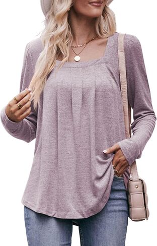 BIOHANBLE Womens Fall Fashion Long Sleeve Shirts Cute Tops Loose Fit Clothes Trendy Square Neck Blouses 2023 Tunic Light Pink in Saudi Arabia