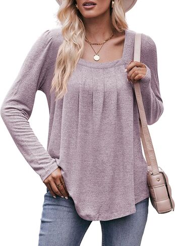 BIOHANBLE Womens Fall Fashion Long Sleeve Shirts Cute Tops Loose Fit Clothes Trendy Square Neck Blouses 2023 Tunic Light Pink in Saudi Arabia