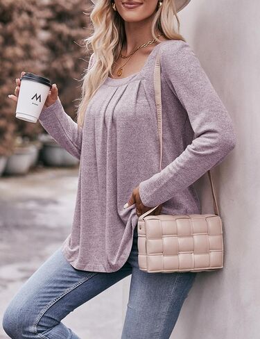 BIOHANBLE Womens Fall Fashion Long Sleeve Shirts Cute Tops Loose Fit Clothes Trendy Square Neck Blouses 2023 Tunic Light Pink in Saudi Arabia