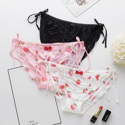 4 Pack Japanese Girl Underwear Strawberry Pattern Panties Women's undies Pants Briefs Sexy Ribbon Adjustable Sides Tie… in Kuwait