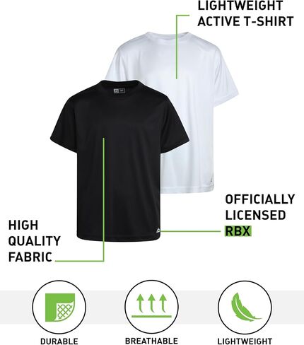 RBX Boys' Athletic T-Shirt - 2 Pack Active Performance Dry-Fit Sports Tee (Size 4-16), Size 10-12, White/Grey in Kuwait