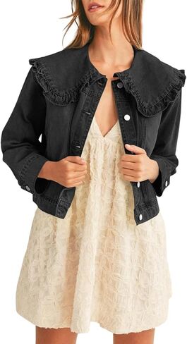 Takaneo Womens Jean Jackets Casual Long Sleeve Peter Pan Collar Loose Fit Denim Shirts Coat with Pockets in Kuwait