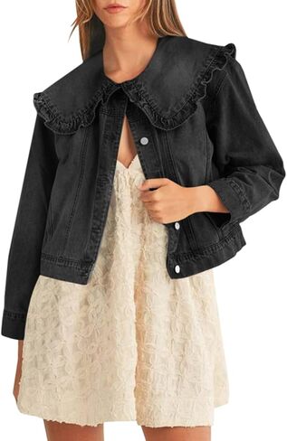 Takaneo Womens Jean Jackets Casual Long Sleeve Peter Pan Collar Loose Fit Denim Shirts Coat with Pockets in Kuwait