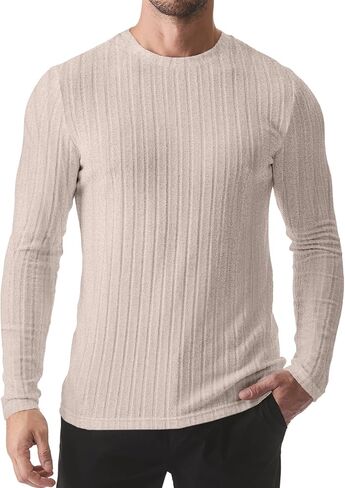 JMIERR Mens Casual Long Sleeve Lightweight T-Shirt Slim Fit Knit Crew Neck Stretch Ribbed Undershirts for Men, US38(S), Black in Saudi Arabia