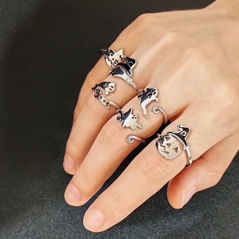 Halloween Ghost Pumpkin Open Adjustable Ring Band Witch Hat Magic Broom Statement Wrap Finger Rings Punk Comfort Fit Jewelry Festive Party Gifts for Women Daughter in Saudi Arabia