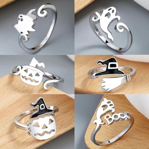 Halloween Ghost Pumpkin Open Adjustable Ring Band Witch Hat Magic Broom Statement Wrap Finger Rings Punk Comfort Fit Jewelry Festive Party Gifts for Women Daughter in Saudi Arabia