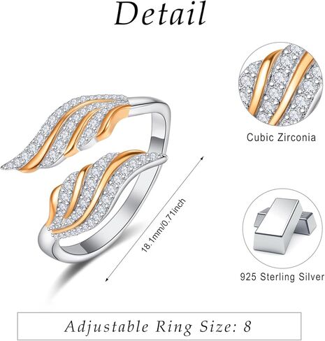 TANGPOET ريشة الملاك الجناح الدائري 925 الفضة الاسترليني خاتم يدوي قابل للتعديل، هدايا مجوهرات للنساء السيدات الفتيات in Kuwait