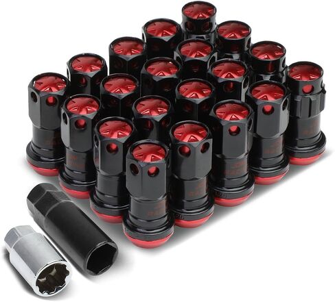 DNA MOTORING LN-ZTL-9016-125-RD 16Pcs M12 x 1.25 Closed End Wheel Lug Nuts + 4Pcs Lock Nuts + Key + Extension Adapter, 22mm OD/45mm Height, Red Accents/Black Body in Saudi Arabia