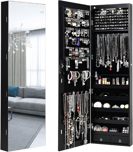 Jewelry Armoire Cabinet with Full-Length Mirror, 2 LEDs, 2 Keys, Makeup Pouch, Bracelet Rod, 2 Drawers, Wall Door Mounted, Full Screen Jewelry Cabinet for Bedroom (Black) in Saudi Arabia