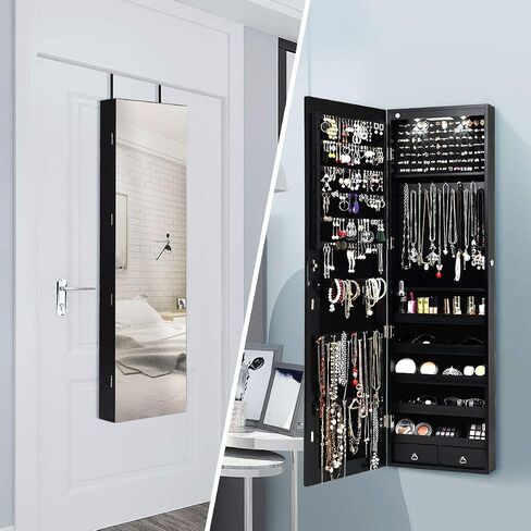 Jewelry Armoire Cabinet with Full-Length Mirror, 2 LEDs, 2 Keys, Makeup Pouch, Bracelet Rod, 2 Drawers, Wall Door Mounted, Full Screen Jewelry Cabinet for Bedroom (Black) in Saudi Arabia