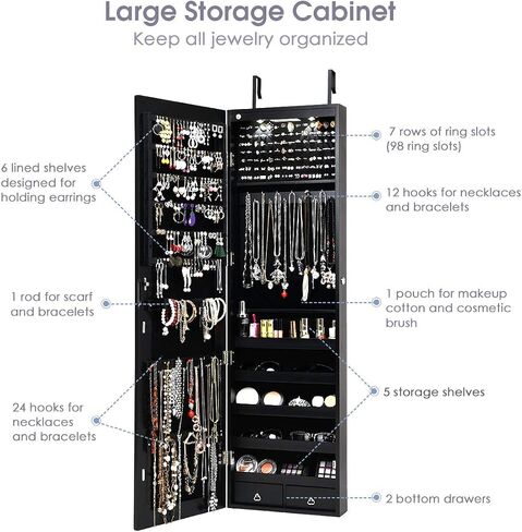 Jewelry Armoire Cabinet with Full-Length Mirror, 2 LEDs, 2 Keys, Makeup Pouch, Bracelet Rod, 2 Drawers, Wall Door Mounted, Full Screen Jewelry Cabinet for Bedroom (Black) in Saudi Arabia