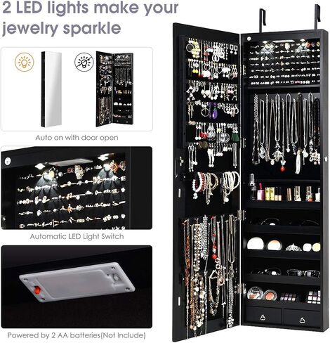 Jewelry Armoire Cabinet with Full-Length Mirror, 2 LEDs, 2 Keys, Makeup Pouch, Bracelet Rod, 2 Drawers, Wall Door Mounted, Full Screen Jewelry Cabinet for Bedroom (Black) in Saudi Arabia
