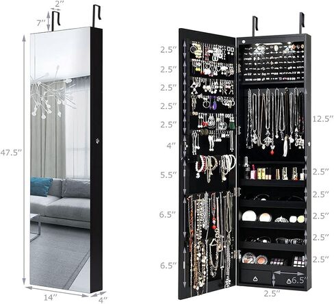 Jewelry Armoire Cabinet with Full-Length Mirror, 2 LEDs, 2 Keys, Makeup Pouch, Bracelet Rod, 2 Drawers, Wall Door Mounted, Full Screen Jewelry Cabinet for Bedroom (Black) in Saudi Arabia