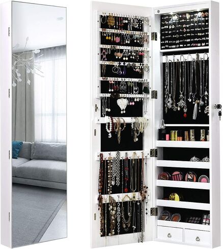 Jewelry Armoire Cabinet with Full-Length Mirror, 2 LEDs, 2 Keys, Makeup Pouch, Bracelet Rod, 2 Drawers, Wall Door Mounted, Full Screen Jewelry Cabinet for Bedroom (Black) in Saudi Arabia