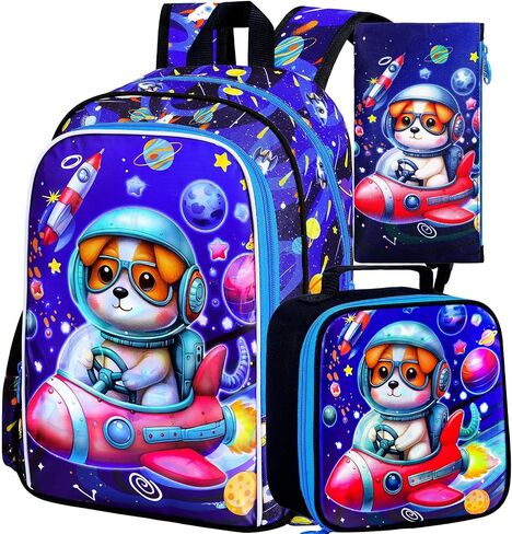 KLFVB 3PCS Boys Dog Backpack, Water Resistant Kids Space Bookbag with Lunch Box, 16" Preschool Backpacks for Elementary - Rocket Dog in Kuwait