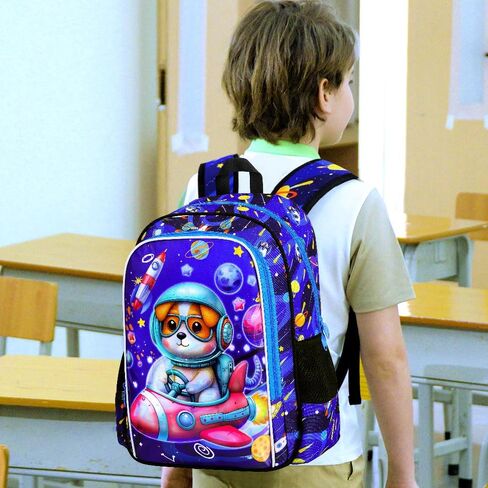 KLFVB 3PCS Boys Dog Backpack, Water Resistant Kids Space Bookbag with Lunch Box, 16" Preschool Backpacks for Elementary - Rocket Dog in Kuwait