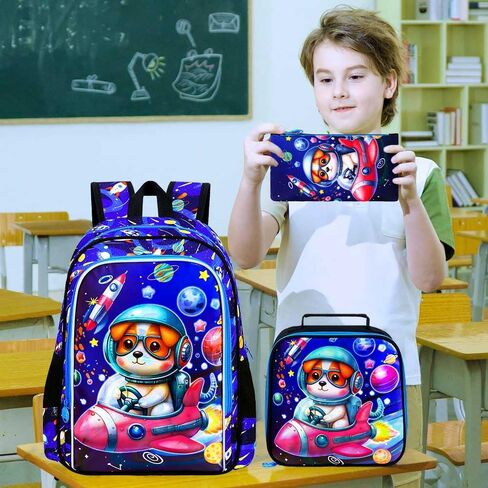 KLFVB 3PCS Boys Dog Backpack, Water Resistant Kids Space Bookbag with Lunch Box, 16" Preschool Backpacks for Elementary - Rocket Dog in Kuwait