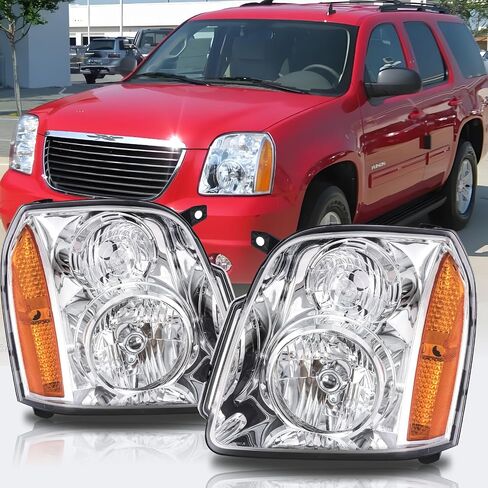 Chrome Amber Headlight Assembly Compatible with 2007 2008 2009 2010 2011 2012 2013 2014 GMC yukon Head Lights,Factory-OE-Style in Saudi Arabia