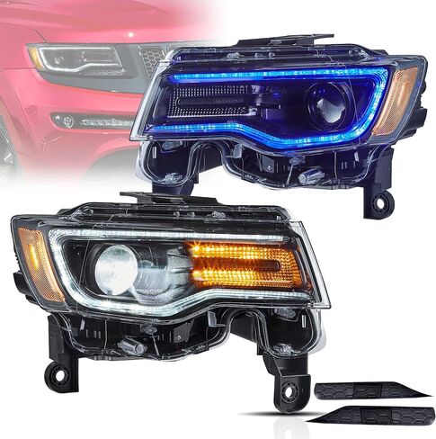 VLAND Headlights For Jeep Grand Cherokee WK2 2014-2021 4th Gen (Fourth Generation WK2) With Start Bule to White Dynamic Animation and Sequential Tun Signa Front Lamps Assembly, Amber Reflector in Saudi Arabia