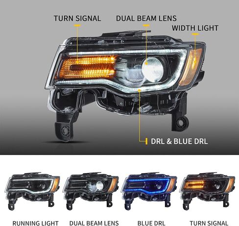 VLAND Headlights For Jeep Grand Cherokee WK2 2014-2021 4th Gen (Fourth Generation WK2) With Start Bule to White Dynamic Animation and Sequential Tun Signa Front Lamps Assembly, Amber Reflector in Saudi Arabia
