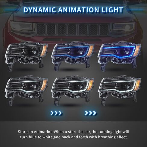 VLAND Headlights For Jeep Grand Cherokee WK2 2014-2021 4th Gen (Fourth Generation WK2) With Start Bule to White Dynamic Animation and Sequential Tun Signa Front Lamps Assembly, Amber Reflector in Saudi Arabia