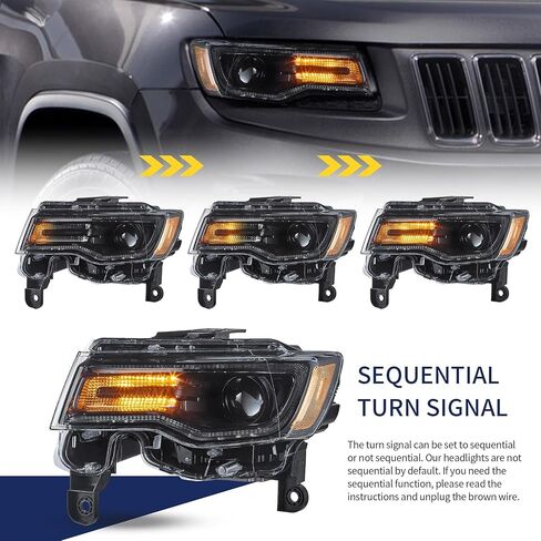 VLAND Headlights For Jeep Grand Cherokee WK2 2014-2021 4th Gen (Fourth Generation WK2) With Start Bule to White Dynamic Animation and Sequential Tun Signa Front Lamps Assembly, Amber Reflector in Saudi Arabia