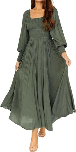 R.Vivimos Women's Puff Long Sleeve Maxi Dress Square Neck Elastic Empire Waist Swiss Dots Casual Flowy A-Line Long Dresses in Kuwait