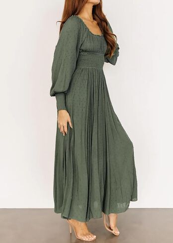 R.Vivimos Women's Puff Long Sleeve Maxi Dress Square Neck Elastic Empire Waist Swiss Dots Casual Flowy A-Line Long Dresses in Kuwait