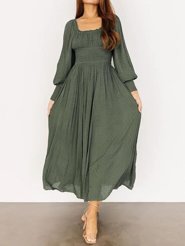 R.Vivimos Women's Puff Long Sleeve Maxi Dress Square Neck Elastic Empire Waist Swiss Dots Casual Flowy A-Line Long Dresses in Kuwait
