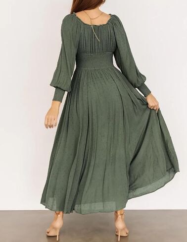 R.Vivimos Women's Puff Long Sleeve Maxi Dress Square Neck Elastic Empire Waist Swiss Dots Casual Flowy A-Line Long Dresses in Kuwait