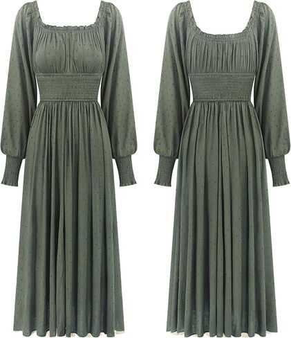 R.Vivimos Women's Puff Long Sleeve Maxi Dress Square Neck Elastic Empire Waist Swiss Dots Casual Flowy A-Line Long Dresses in Kuwait