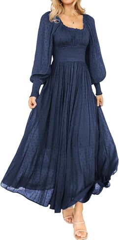R.Vivimos Women's Puff Long Sleeve Maxi Dress Square Neck Elastic Empire Waist Swiss Dots Casual Flowy A-Line Long Dresses in Kuwait