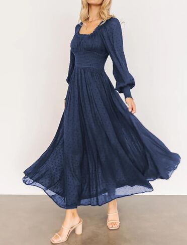R.Vivimos Women's Puff Long Sleeve Maxi Dress Square Neck Elastic Empire Waist Swiss Dots Casual Flowy A-Line Long Dresses in Kuwait
