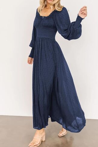 R.Vivimos Women's Puff Long Sleeve Maxi Dress Square Neck Elastic Empire Waist Swiss Dots Casual Flowy A-Line Long Dresses in Kuwait