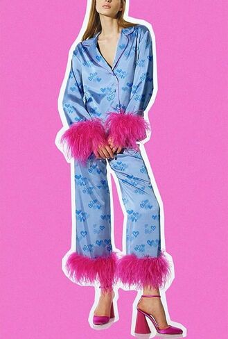 LILTWIST Feather Trim Pajamas for Women Silk Satin 2 Piece Cute Print Pjs with Fur Holiday Long Sleeve Shirt and Pj Pants Set in Kuwait