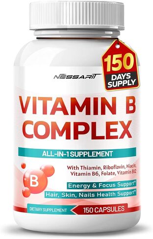Vitamin B Complex - High Potency with Thiamin, Riboflavin, Niacin Vitamin B6, Folate, Vitamin B12 -Energy, Focus, Hair, Skin, Nails Support - 150 Count - Made & Tested in The USA in Saudi Arabia