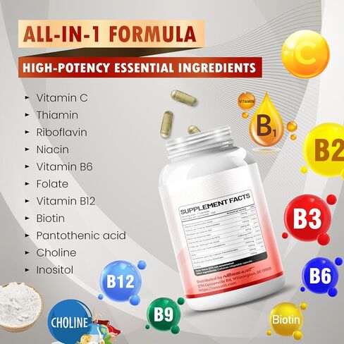 Vitamin B Complex - High Potency with Thiamin, Riboflavin, Niacin Vitamin B6, Folate, Vitamin B12 -Energy, Focus, Hair, Skin, Nails Support - 150 Count - Made & Tested in The USA in Saudi Arabia