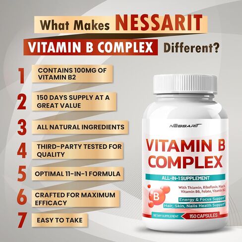 Vitamin B Complex - High Potency with Thiamin, Riboflavin, Niacin Vitamin B6, Folate, Vitamin B12 -Energy, Focus, Hair, Skin, Nails Support - 150 Count - Made & Tested in The USA in Saudi Arabia