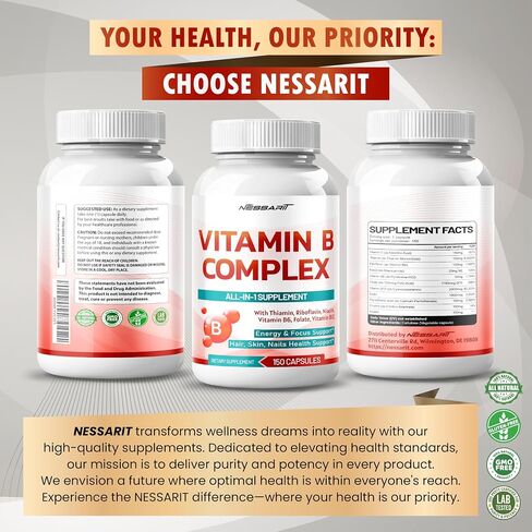 Vitamin B Complex - High Potency with Thiamin, Riboflavin, Niacin Vitamin B6, Folate, Vitamin B12 -Energy, Focus, Hair, Skin, Nails Support - 150 Count - Made & Tested in The USA in Saudi Arabia